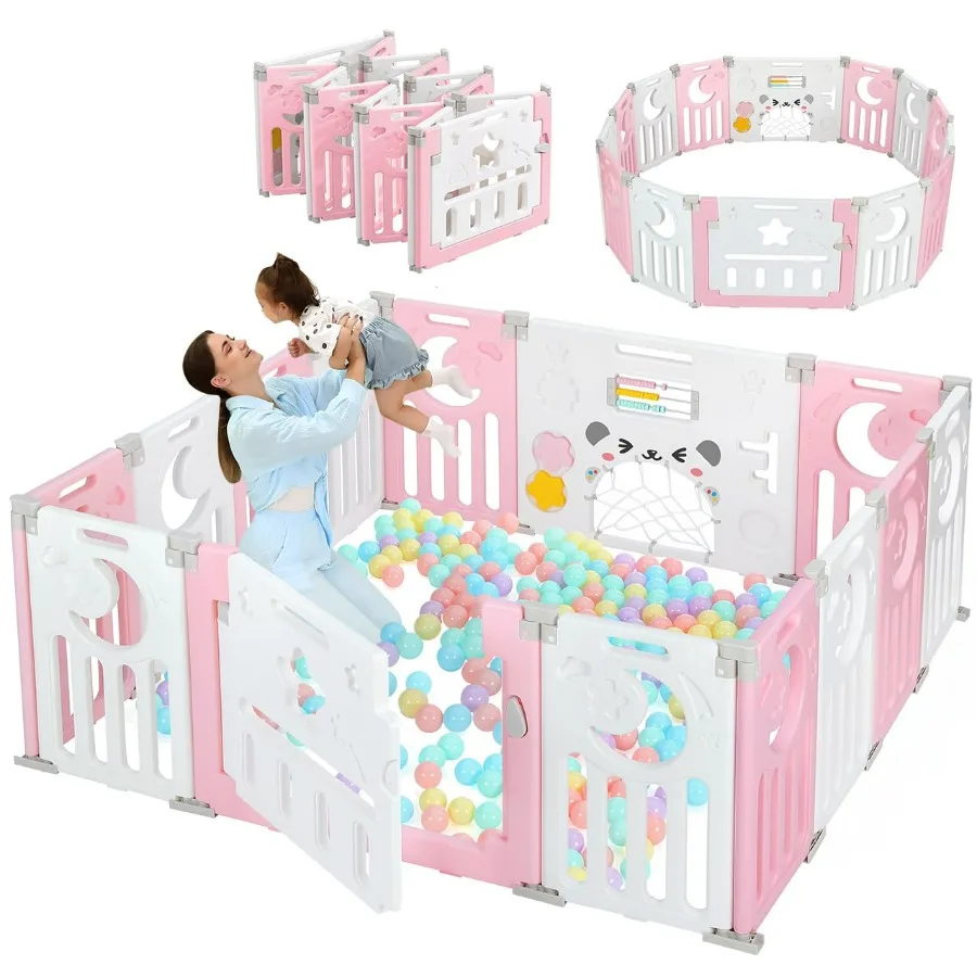Cercadinho para bebês e crianças, cercadinho dobrável de 14 painéis com área de jogo portátil ajustável, centro ativo interno e externo