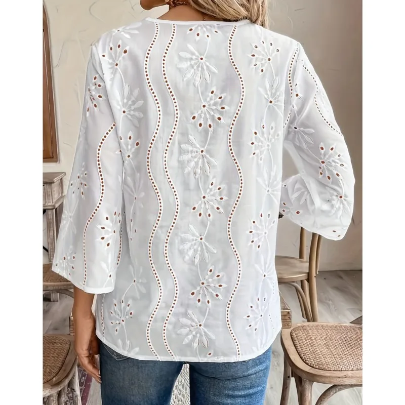 White Lace Hollow Out Embroidery Women Shirts Elegant Lace Panel V Neck 3/4 Sleeve Autumn 2024 Loose Casual Solid Streetwear Top