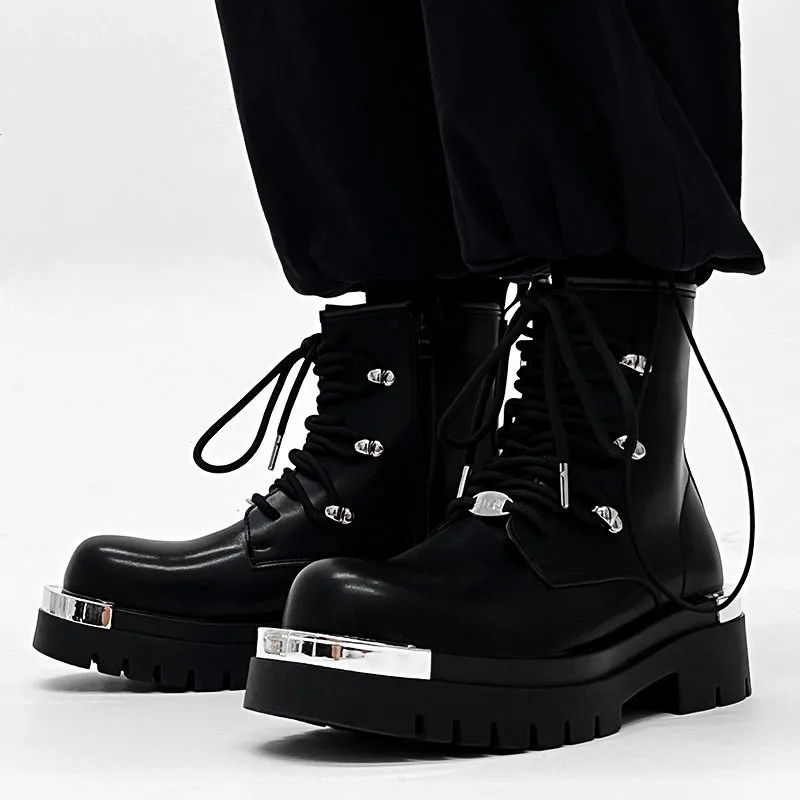 Black Genuine Leather  Boots Unisex Couples High Top Motorcycle Boots Thick Bottom Zipper Men's Youth Trend Winter Shoes