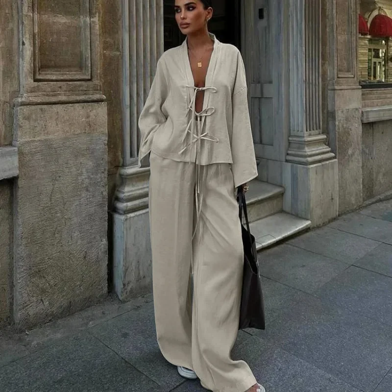 Talenza Autumn Pants Suit Women\'s Solid Long Sleeve Lace-Up V-Neck Shirt Loose Pants Suit Casual Sports Pants Suit 2-piece Set