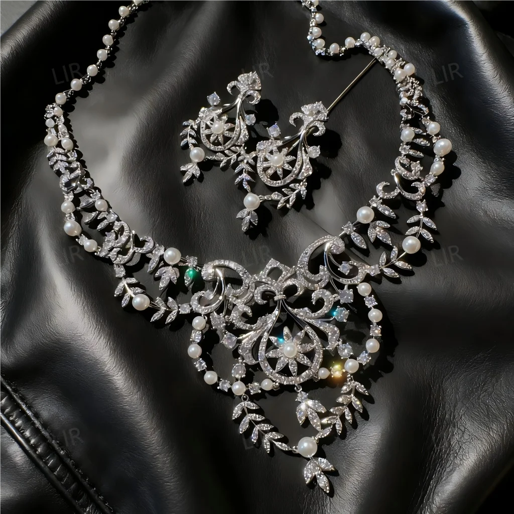 مجموعة مجوهرات LIR المخصصة للنساء: قلادة جوهرة تاج المحكمة النمساوية، أقراط لؤلؤ الزركون منحوتة بشكل سباركلي على شكل أذن القمح