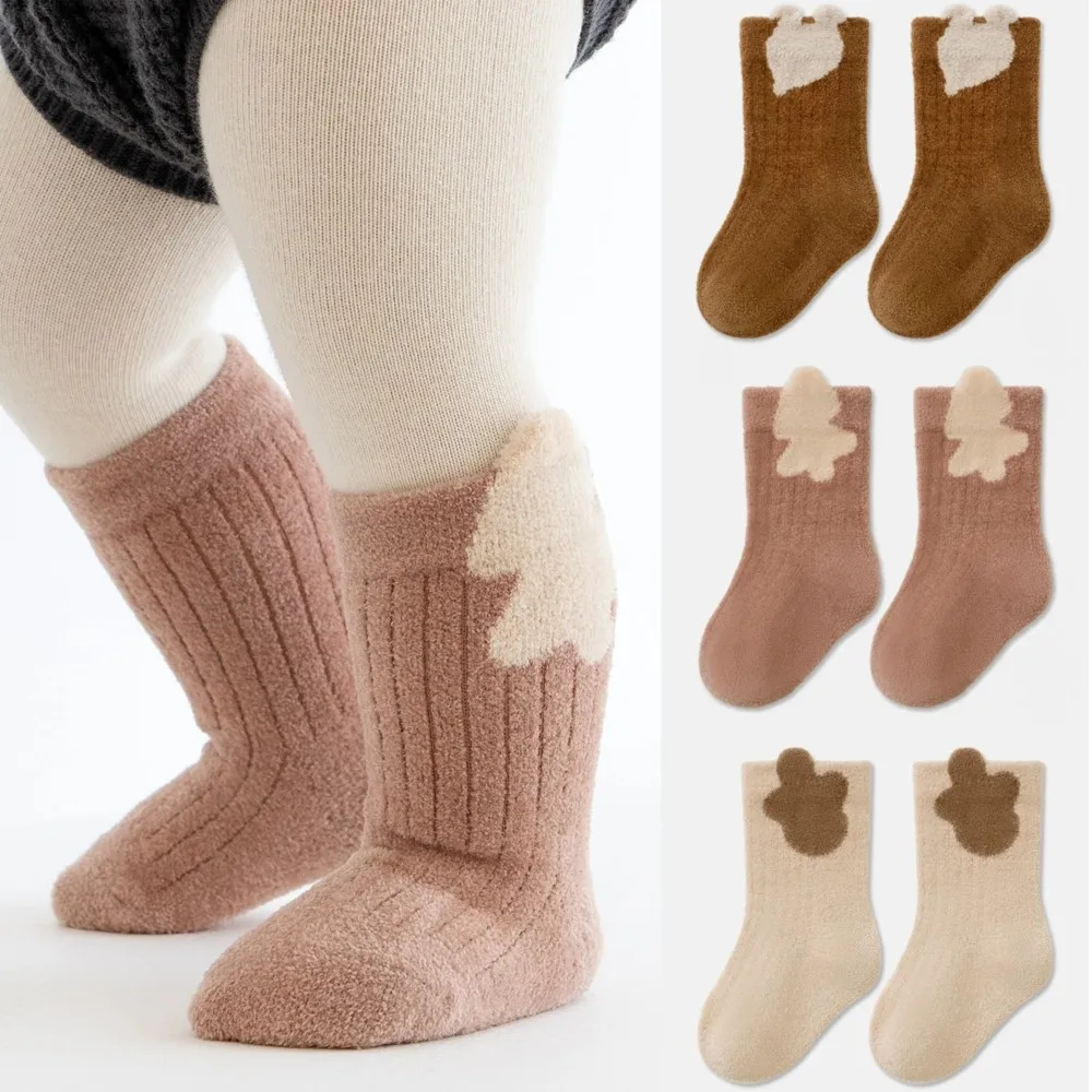 

3 Pairs Winter Terry Fur Thicken Kids Newborn Baby Anti-slip Socks Cute Cartoon Floor Playing Plush Socks 0-5Y