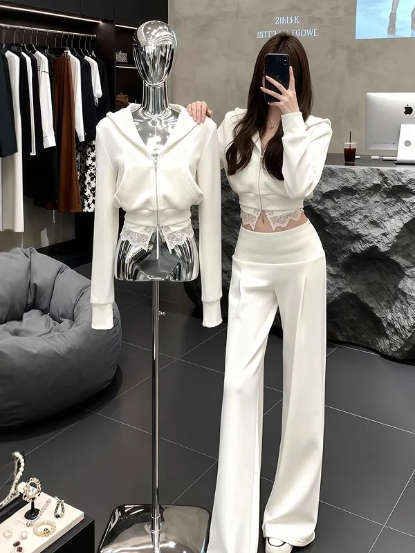 

Комплект из двух предметов: спортивный костюм для женщин (осень-зима) с высокой талией, на молнии, свитшот и повседневные брюки