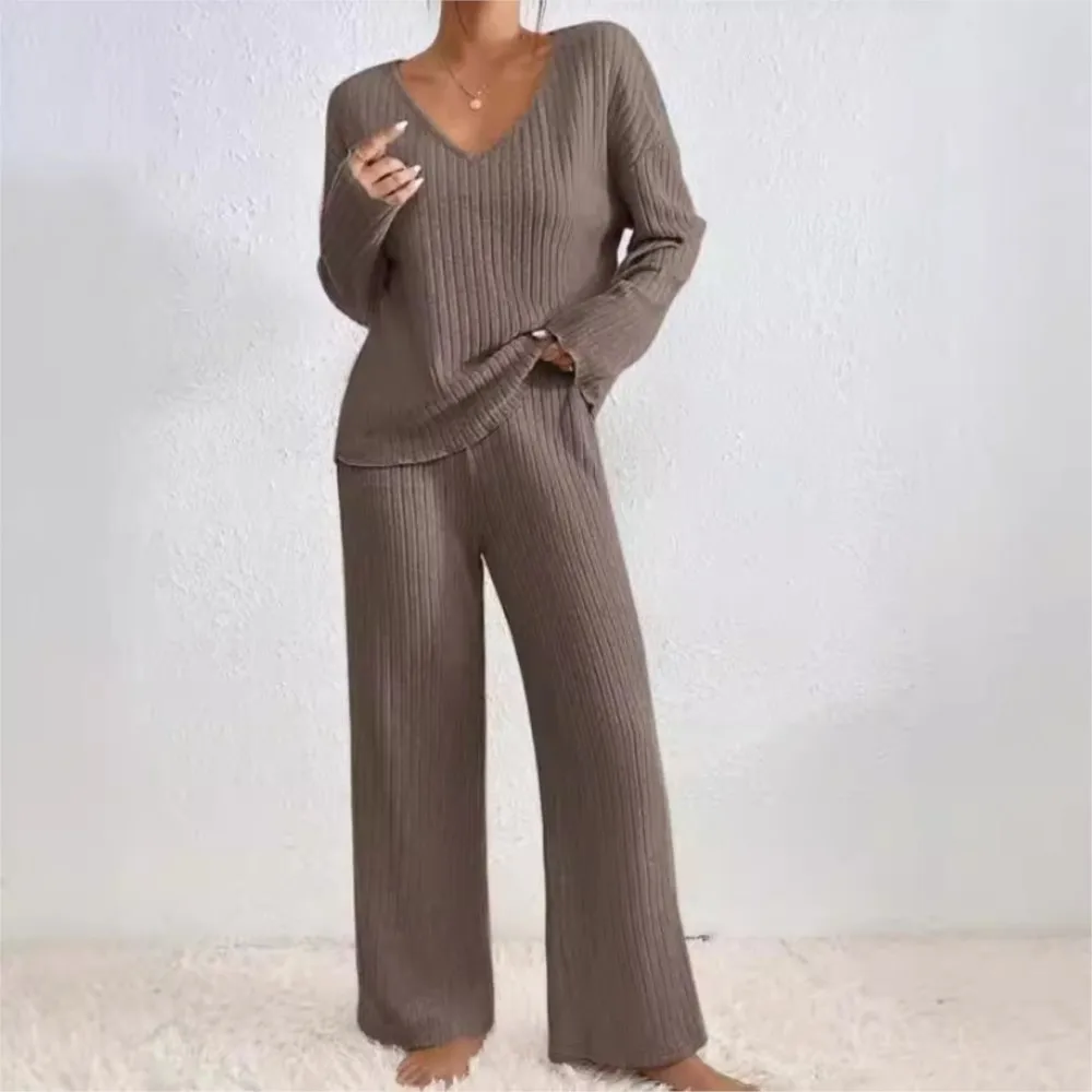 Women's Autumn and Winter Suit Fashion Casual Pit Strip Wool V-Neck Top and Straight Pants Solid Color Sweater Two-Piece Set