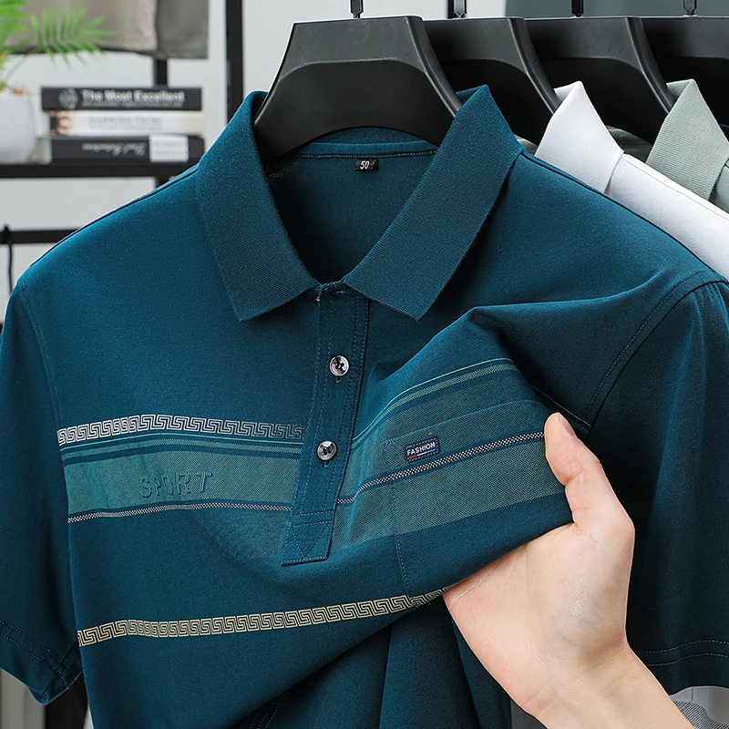 

Fashion brand striped jacquard short sleeve polo shirt luxury men's summer comfort pocket design casual breathable new T-shirt