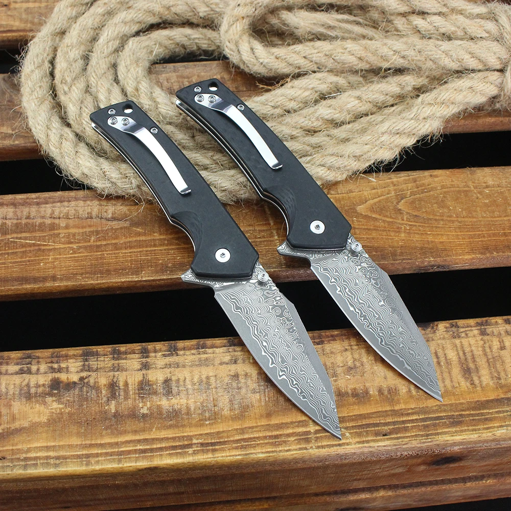 높은 경도 60HRC 다마스커스 접이식 칼 군사 전술 칼 탄소 섬유 손잡이 원래 야외 사냥 칼 잭나이프