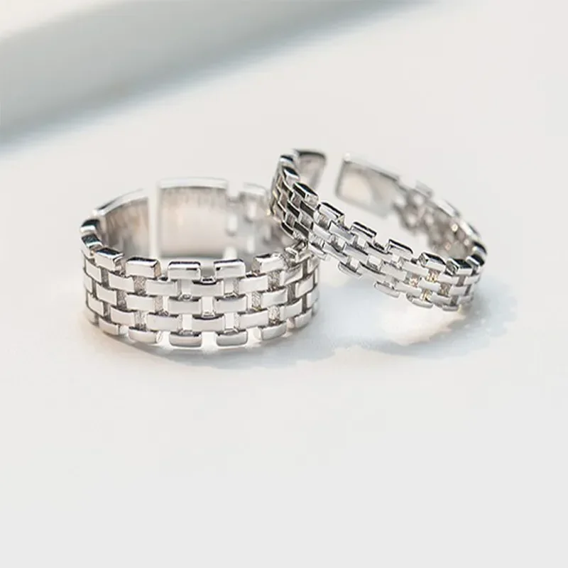 Runxin New Roman Checkered Woven Open Ring Fashion Creative Men's Single Ring Siege Couple Ring for Lovers Gift Jewelry