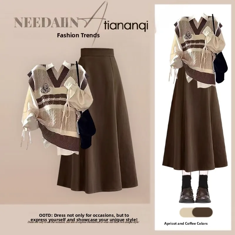 

Осенний модный комплект: юбка миди, дизайнерский жилет, футболка, свитер с длинным рукавом и V-образным вырезом, повседневная одежда для женщин