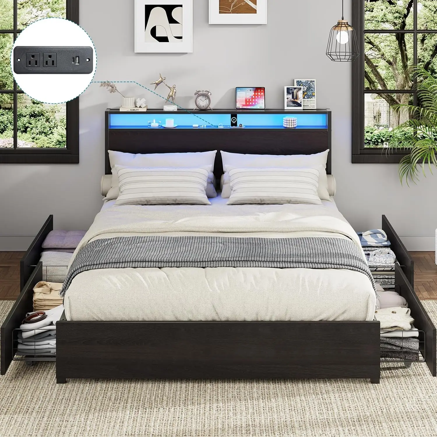 Full Size Bed Frame with LED Headboard, 4 Storage Drawers, Charging Station, Noise-Free Metal Base