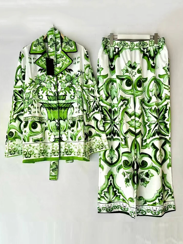 Pyjamastijl retro geometrische print stropdas taille-cincerend los overhemd tweedelige set 2025, herfst dameskleding + wijde pijpen broekset