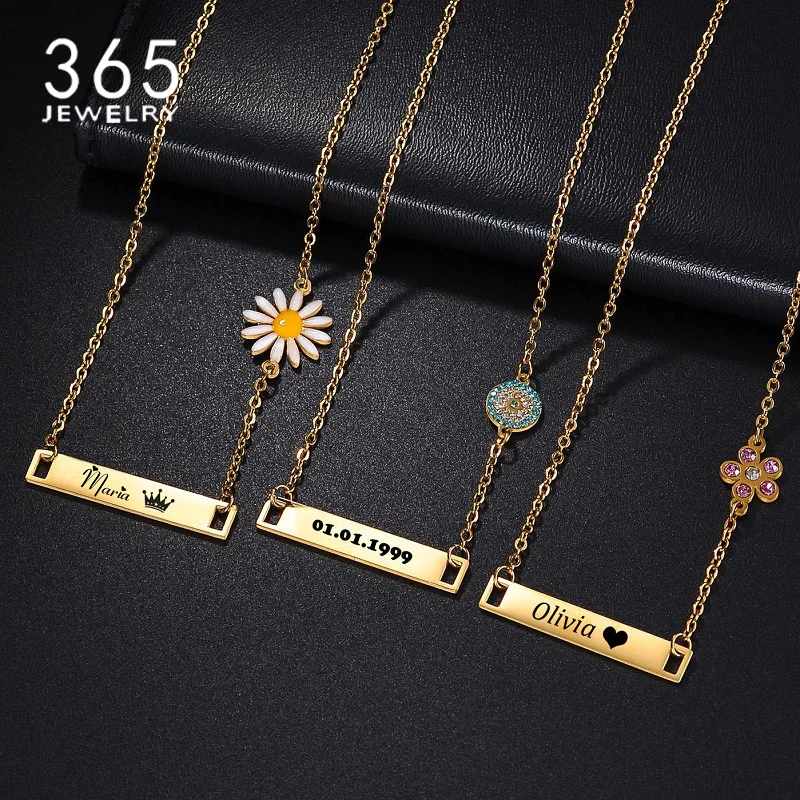 

Custom Name Bar Necklaces Rhinestones Dripping Oil Style Stainless Steel Personalized Engraved Name Date For Women Girls Jewelry