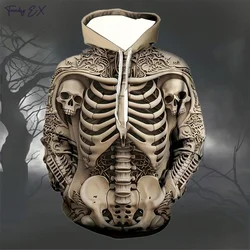 Skull Digital Print Sweatshirts for Men Fashion Street Fall Graphic Hoodies Blouse Comforts Kangaroo Pocket Design Mens Clothes