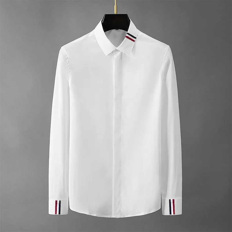 

European Station Ribbon White Shirt Men's Slim Fit Trend Light Luxury Workwear Business Long sleeved Shirt