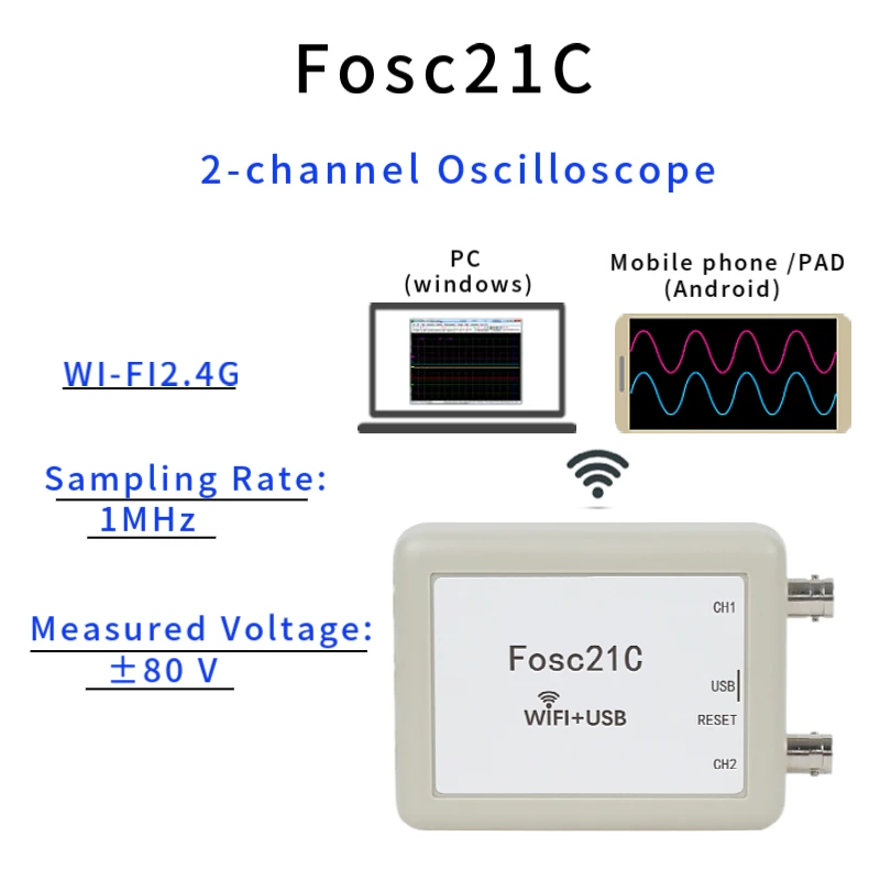 Osciloscópio Portátil sem Fio Desenvolvimento de Mcu Canais Wifi pc Usb Taxa de Amostragem 1mhz Fosc21c