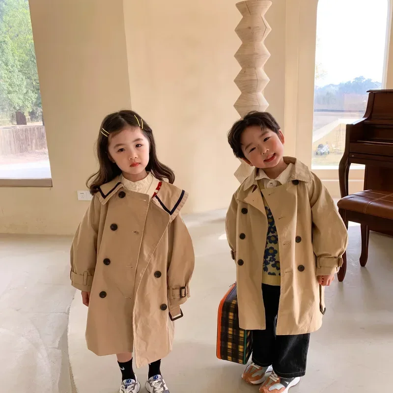 Girls Long Windbreaker Boy Trench Kaki Children Trenchcoat Baby Clothes Fall Boutique Kids Clothing Toddler Double Breasted Coat