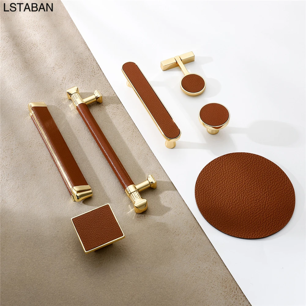 Drawer Kitchen Cabinet Handles Metal Zinc Alloy Bright Gold Handle Brown Leather Drawer Knobs Home Furniture Wardrobe Door Pulls