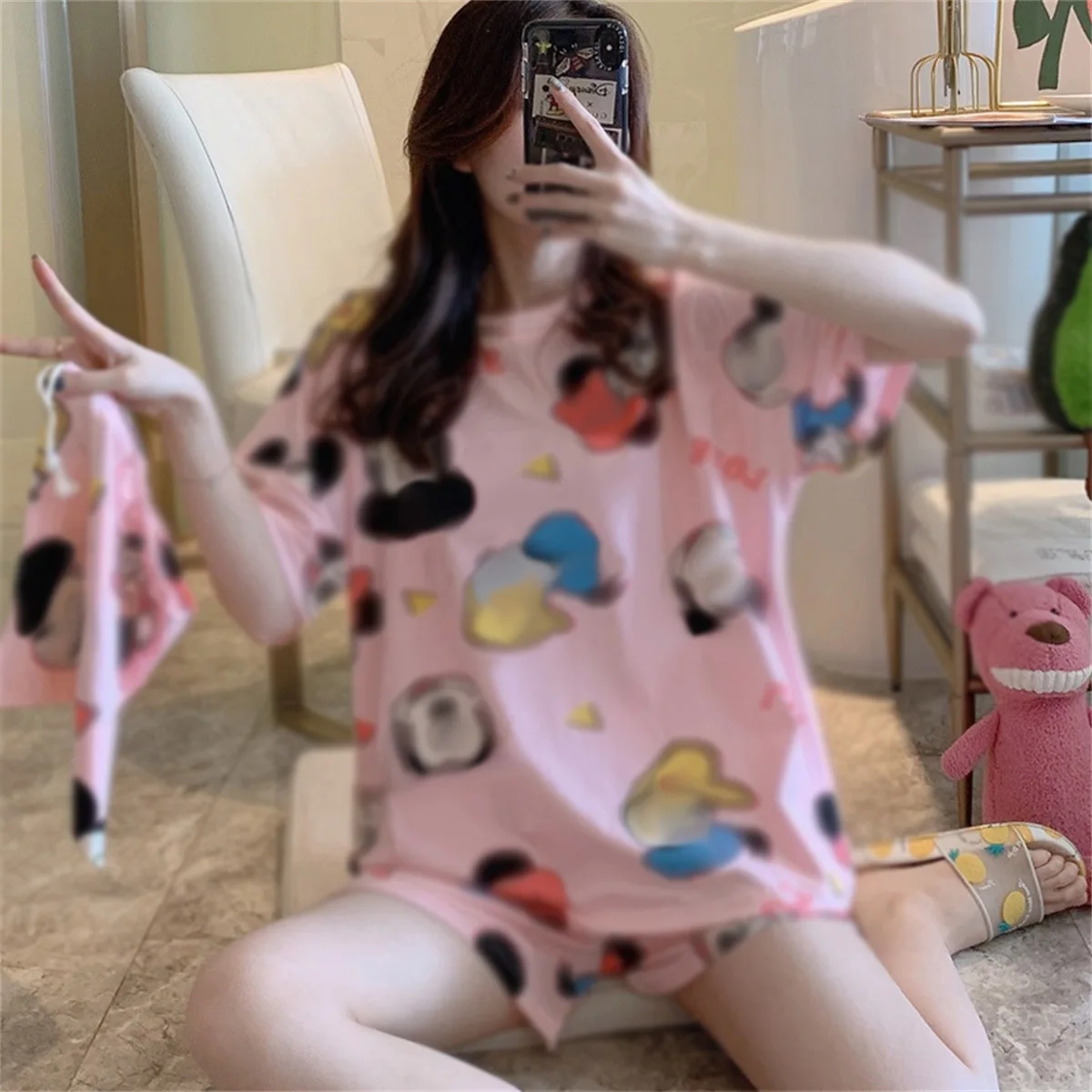 hibobi 2-Piece Women Summer Pajamas Loose Plus Size Sweet Student Short-Sleeved Shorts Can Be Worn Outside Home Clothes Set