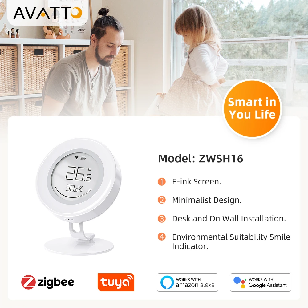 AVATTO Tuya ZigBee Temperature And Humidity Sensor E-ink Screen Smart Home Automation APP Control Work For Z2M Alexa Google Home