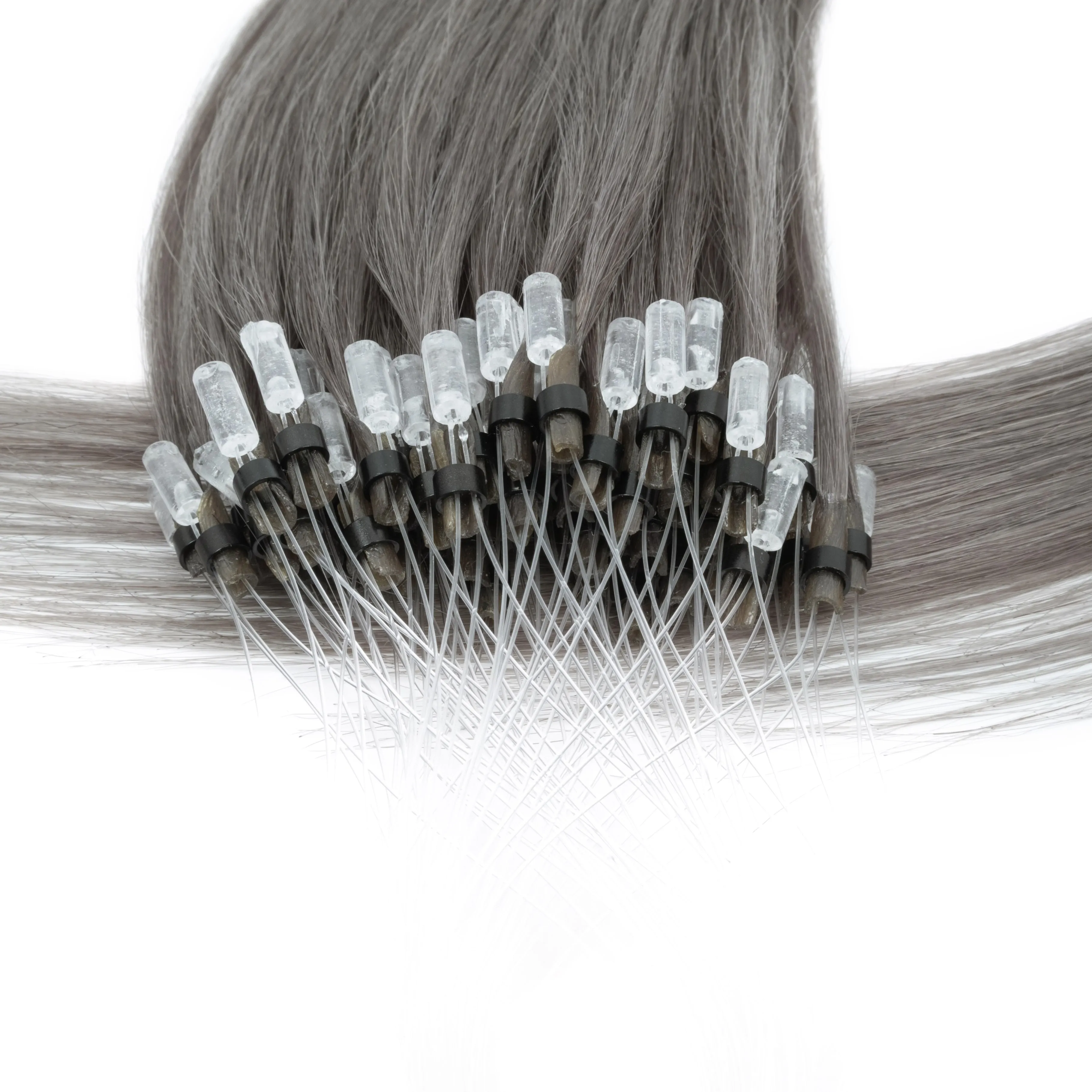 Colored Micro Link Hair Extensions Human Hair No Glue Virgin Human Hair  for Women Girls 50 Strands Colorful 30G Gray