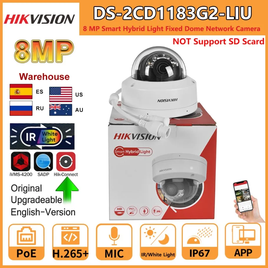 Hikvision 8MP IP Camera DS-2CD1183G2-LIU Built-in Mic Dual-Light 4K Smart Hybrid Light With ColorVu Fixed  Dome Network Camera