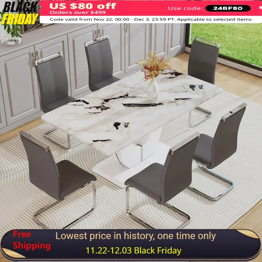 

Modern Dining Table Set for 6, 63" Rectangle Kitchen Tables Chairs Set ,Faux Marble Dining Room Table Sets