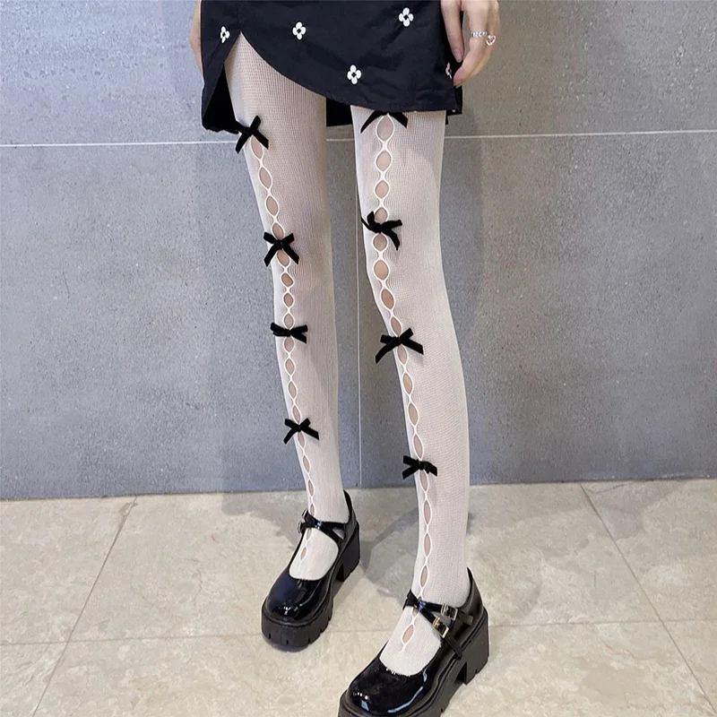 Women Girl Tights Bow-tie Hollow Out Fishnet Stockings Sexy Club Kawaii Gothic Lolita Summer Leggings Hosiery