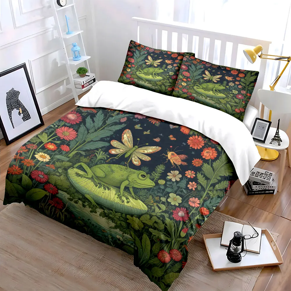 Frog and Butterfly in Enchanted Garden Printed Duvet Cover Set1 Duvet Cover+2 PillowcaseMulti Size Bedroom Bedding Decor