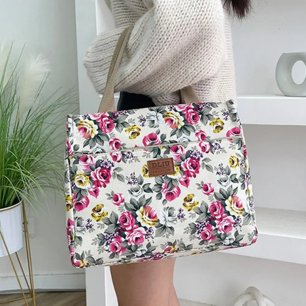 

Shopping Portable Floral Print Tote Bag Large Capacity Zipper Canvas Lunch Bag Fabric Ethnic Style Casual Handbag For Mom