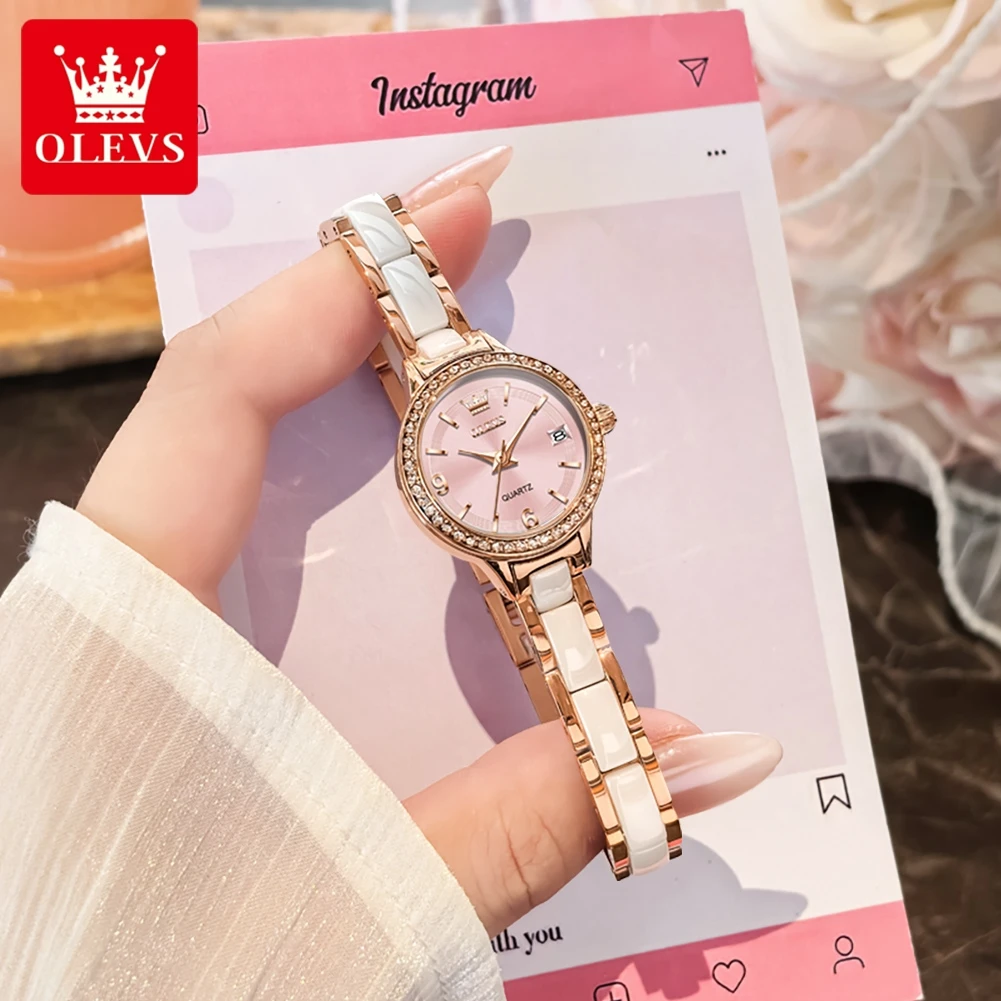 OLEVS 7093 Women Watch Elegant Original Luxury Mechanical Watch Ceramics Waterproof Watch Set Gifts Box High Quality Brand
