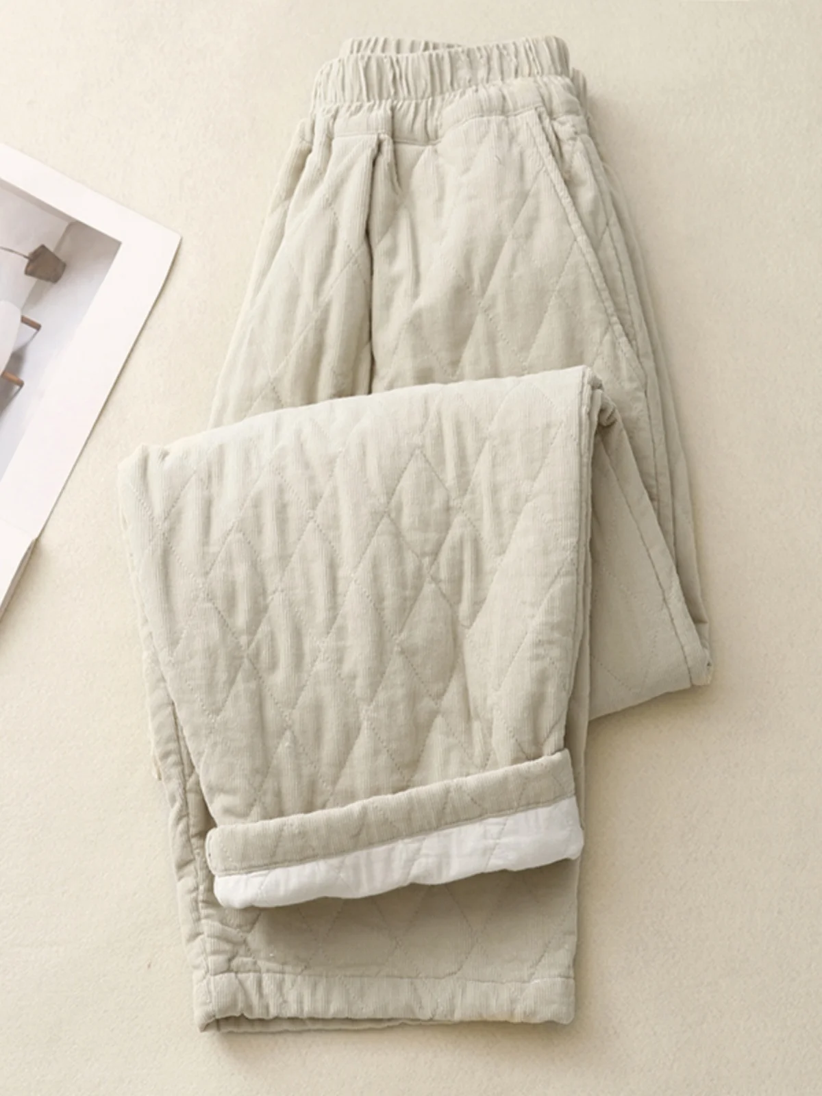 Retro Diamond Pattern Corduroy Wide Leg Pants Women's Thiened Casual Straight Cut Winter High Waist Slimming Cotton Pants