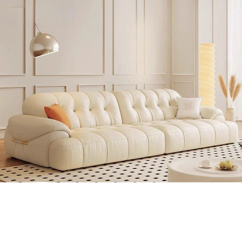 Cream wind marshmallow leather sofa living room size three-person cloud straight row leather art