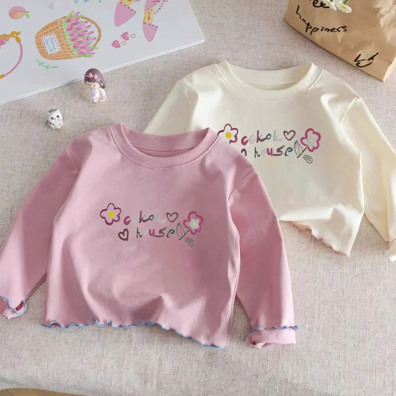 Cotton Girls' Long Sleeved T-shirt New Spring Autumn Fashion Flower Printed O-neck Base Shirt Versatile Children‘'s Tops