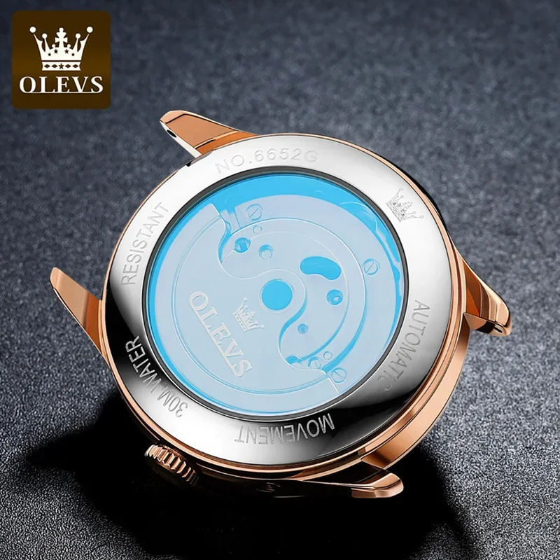 OLEVS  6652 Flywheel Skeleton Automatic Watch Men Leather Strap Calendar Multifunctional Waterproof Luminous Moon Phase