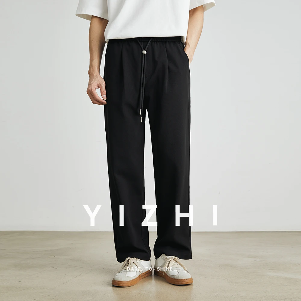 Men's Fashion Commuter Elastic Waist Drawstring Straight Pants Summer New Slightly Elastic Loose Casual Japanese Men's Wear