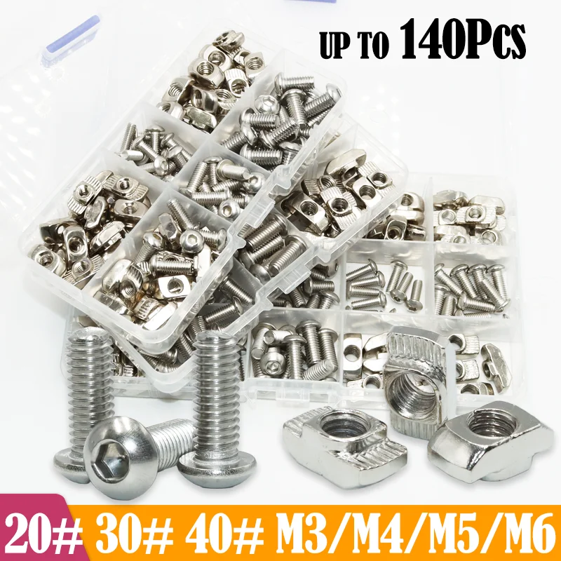 

140p/ Stainless Steel Hex Socket Button Head Allen Bolt Screw and T-nut Sliding Nut Hammer for 2020 3030 4040 Aluminum Profile