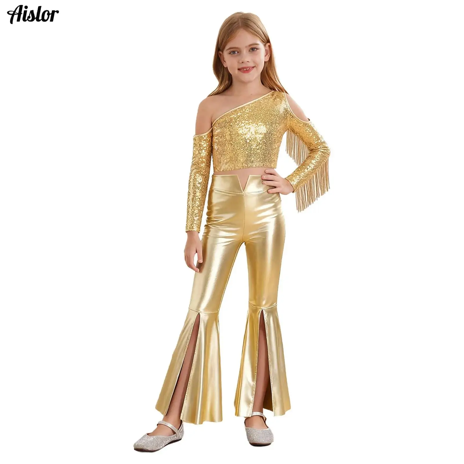 Kids Girls Metallic 80s Disco Jazz Dance Costume One Shoulder Long Sleeve Tassels Shiny Sequins Crop Top+Split Bell-Bottom Pants