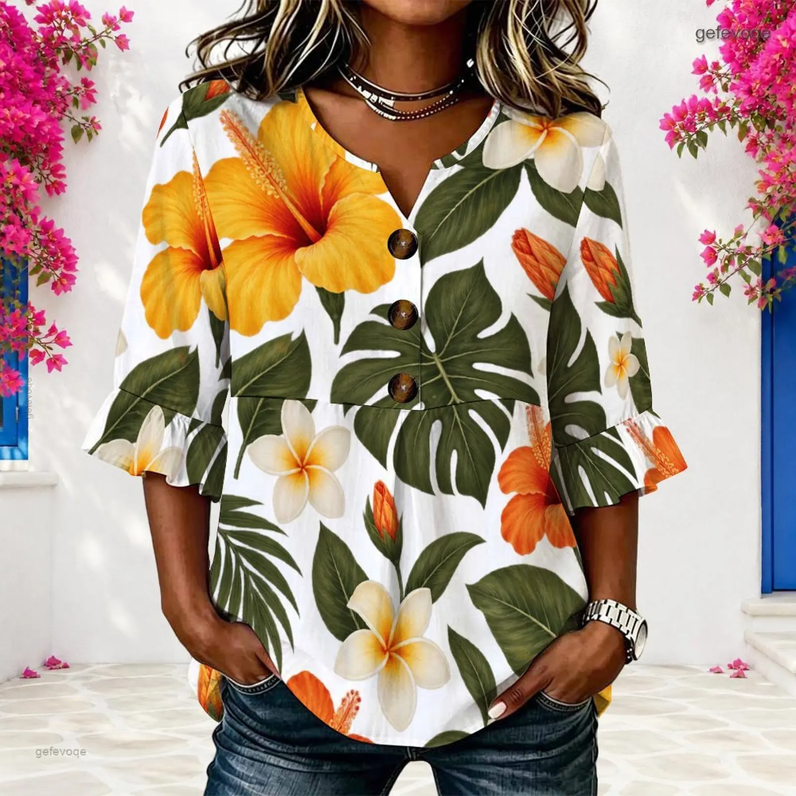 Women Tropical Leaf Orange Hibiscus Printed 3/4 Ruffle Sleeve Notch Neck Button Front Blouse