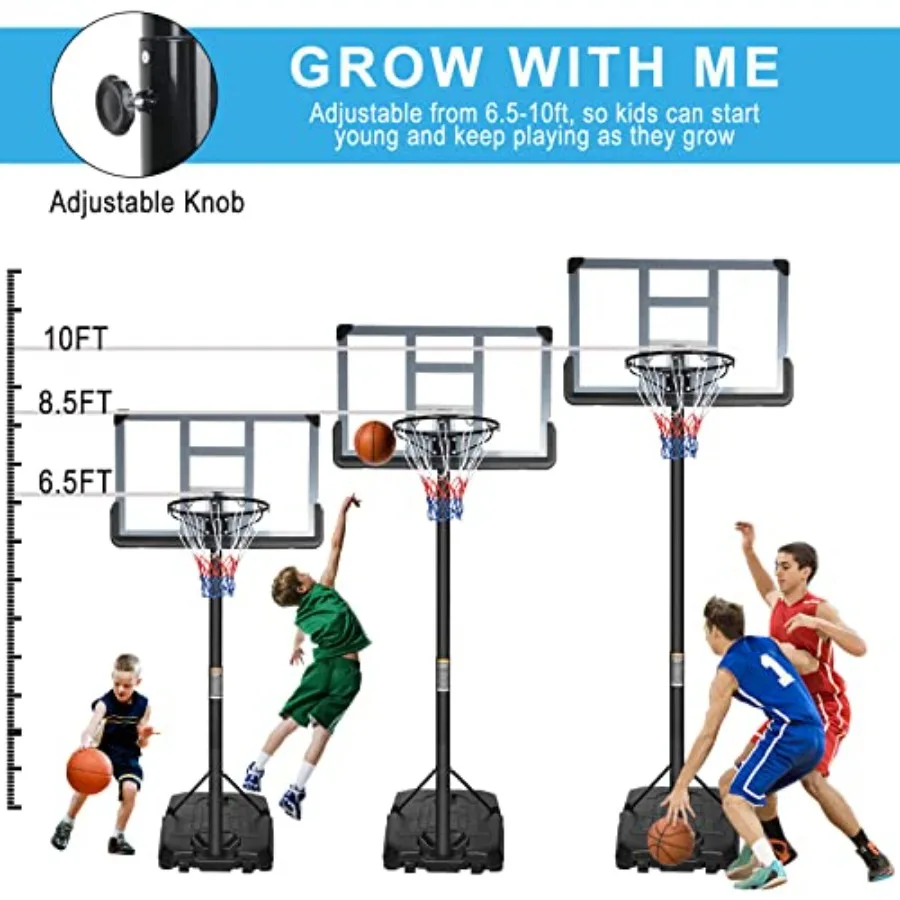 Prime Portable Basketball Hoop Backboard System Stand with Height Adjustable from 6.6ft to 10ft Featuring a 44 Inch Backboard a