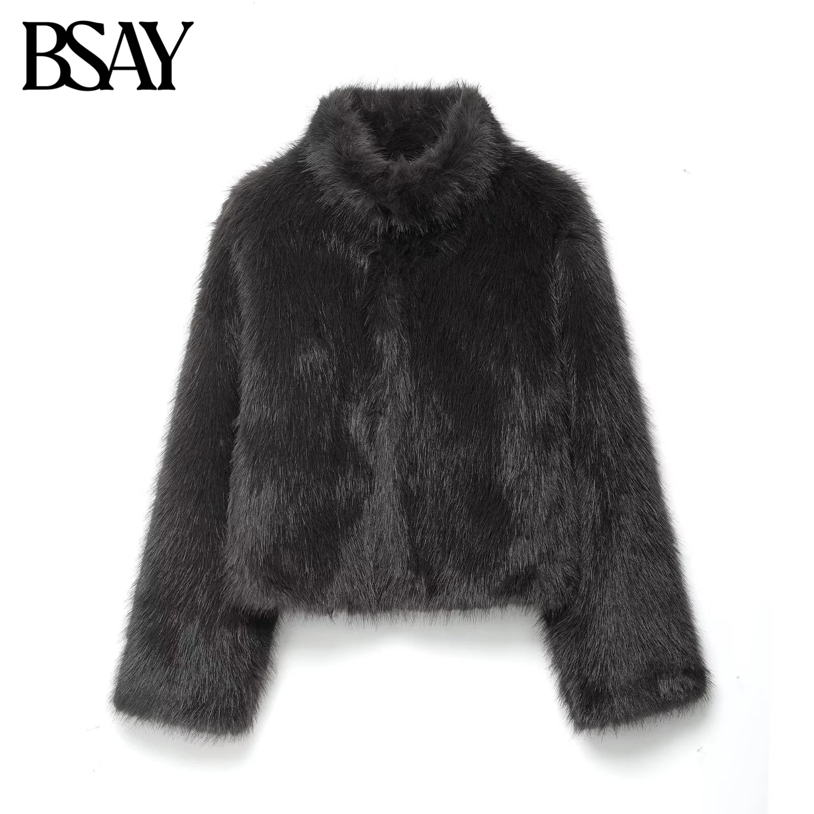 

BSAY Artificial Fur Effect Coat For Women Fashion Autumn Winter New solid color Long Sleeve Turtleneck Warm Short Jackets coat