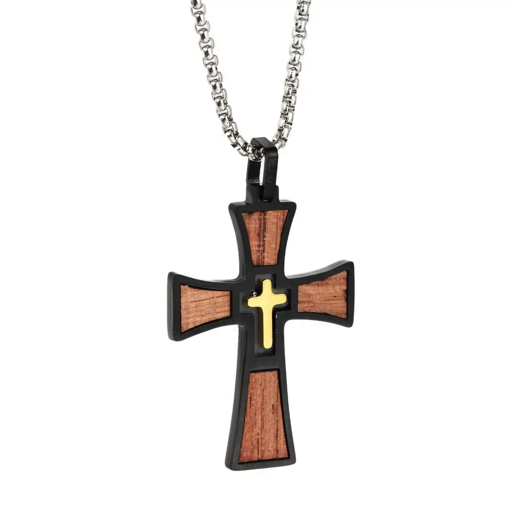 

Double Layers Cross Necklaces Pendant Titanium Steel Wood Inlay Crucifix Pendant Vintage Retro Catholic Necklaces Pendant Pray