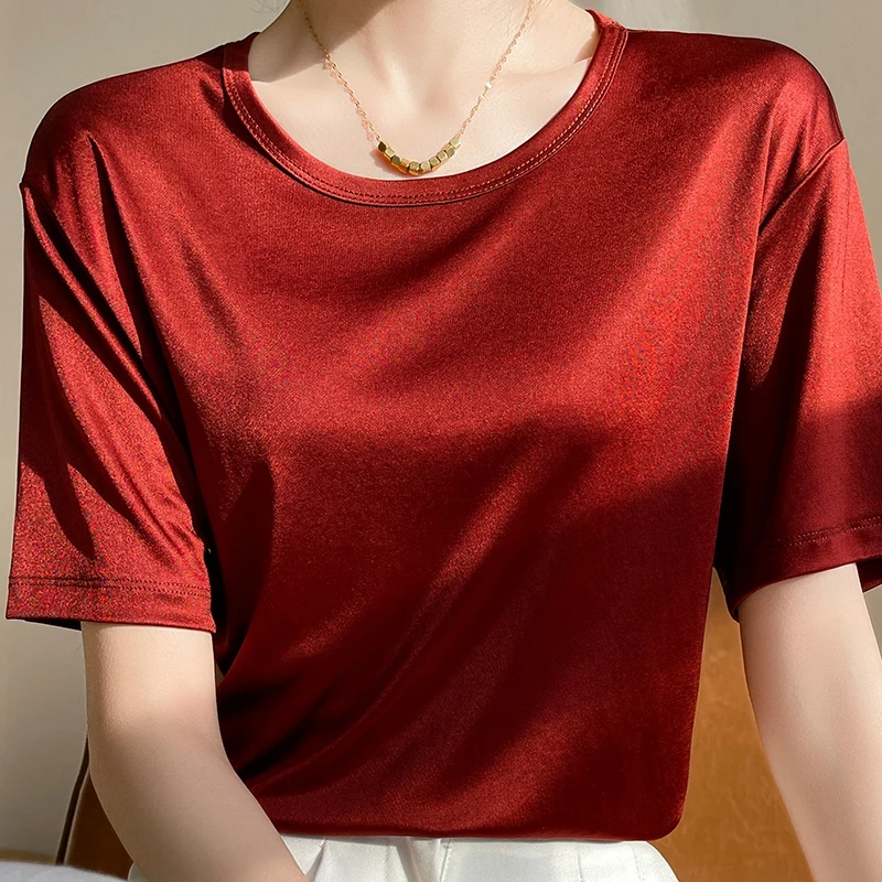 

Triacetate T-Shirt Women 2023 New Summer Niche Design Sense Ice Silk Chic Tencel T Red and Black Pure White Short Sleeves