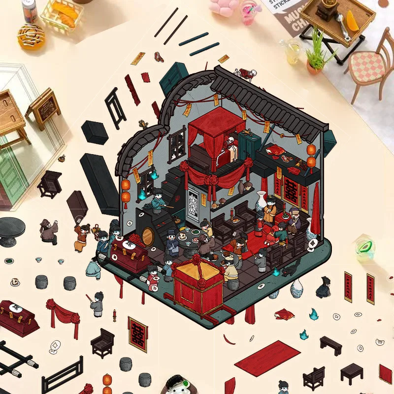 3pcs Chinese Wedding Miniature Scene 3D House Cartoon Handmade Landscape Stickers