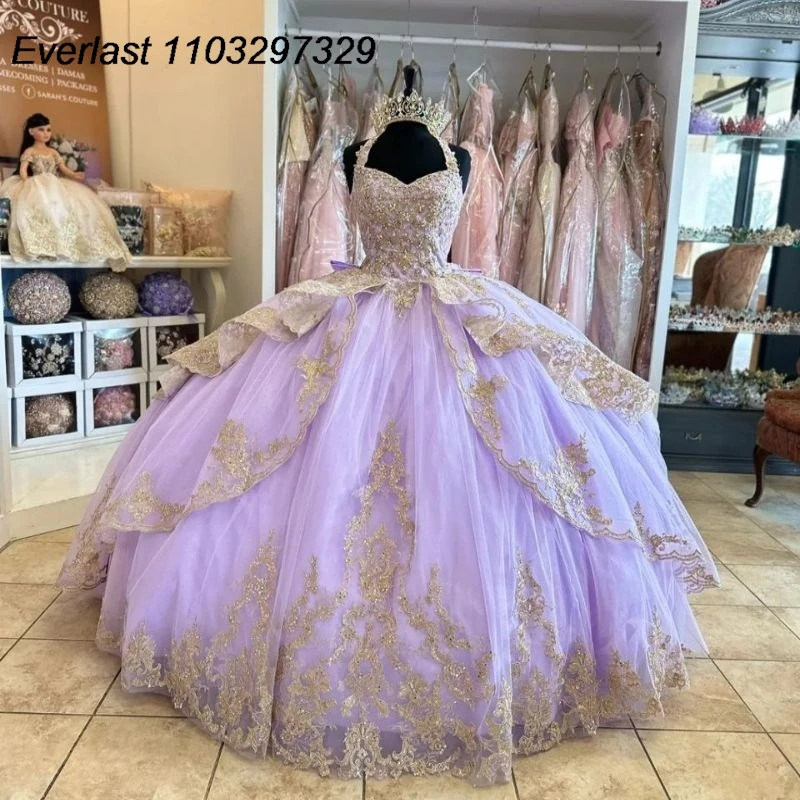 

EVLAST 2024 Lavender Quinceanera Dress Ball Gown Champagne Lace Applique Beaded Corset Sweet 16 Vestidos De XV 15 Anos TQD713