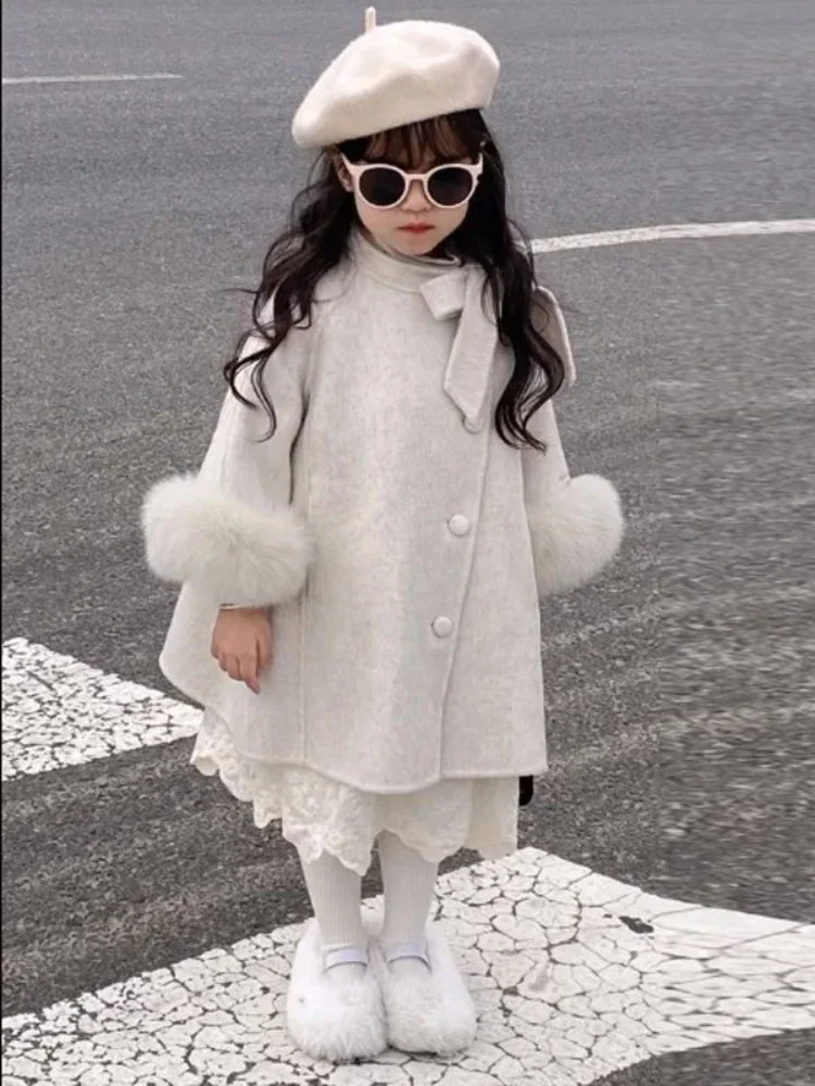 Girl Top 2023 New Autumn Winter Korean Fashion Style Woolen Overcoat Baby Girl Solid Mid Length Coat Children Thick Outerwear
