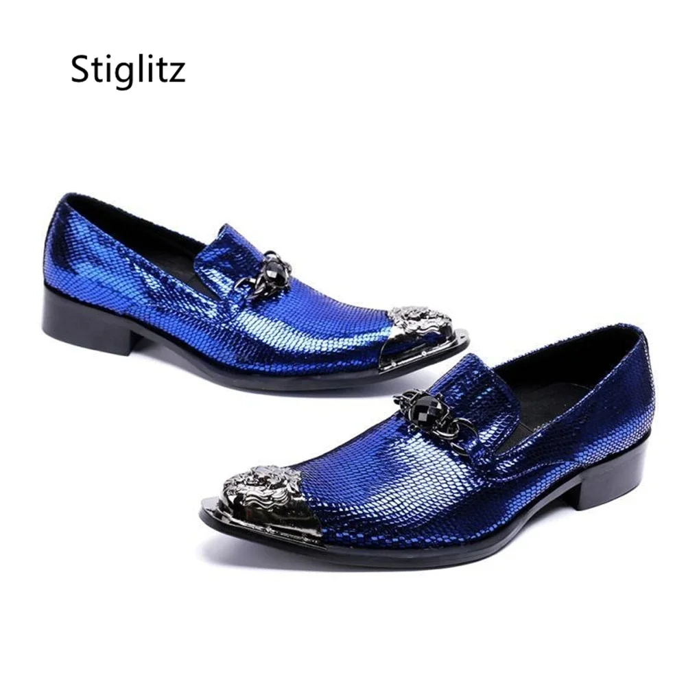 Metal Buckle Men's Slip On Leather Shoes Blue Genuine Leather Loafers Metal Pointed Toe Men's Shoes Dress Casual Business Shoe