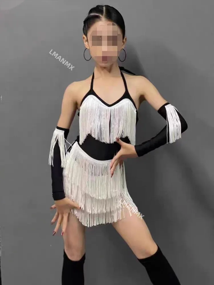 line dance costume Kids Young girls Kids children clothing suit samba Fringe tassel fringed Dancewear dresses competition Stage