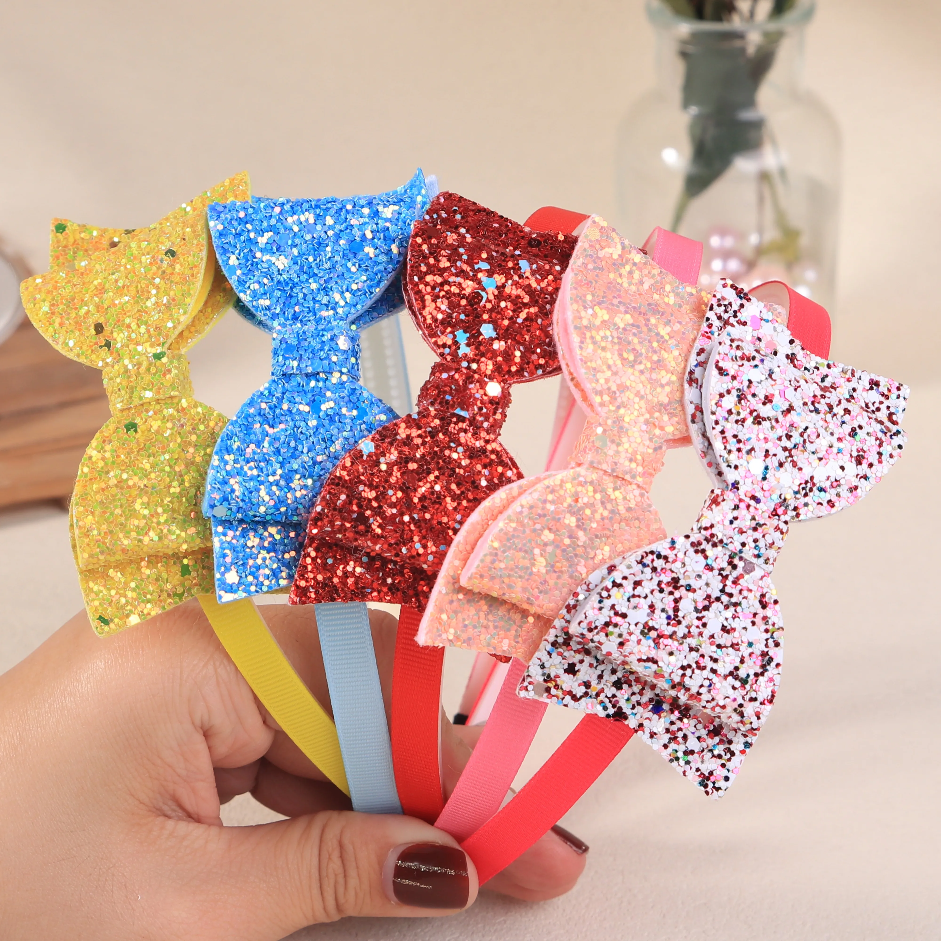 5pcs Girls Hair Bows Headbands Glitter Bows Hairbands Fashion Children Kids Teeth Plastic Headband Girls Kids Hair Accessories