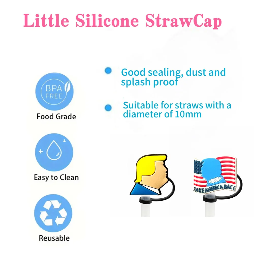 1-15pcs Trump Cartoon Straw Cover Cap 10MM Drink Straw Plug Reusable Splash Proof Fit Cup Accessories Straw Cap Charms Pendant