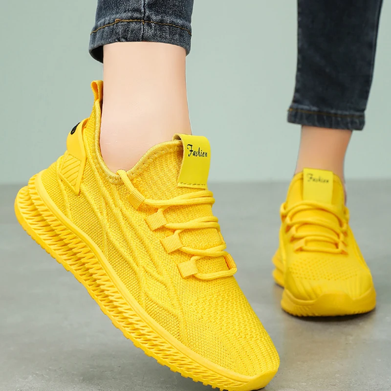 Trendy Summer Comfortable Sneakers Women Outdoor Casual Running Shoes Women\'s Knit Mesh Breathable Sports Shoes Red Yellow