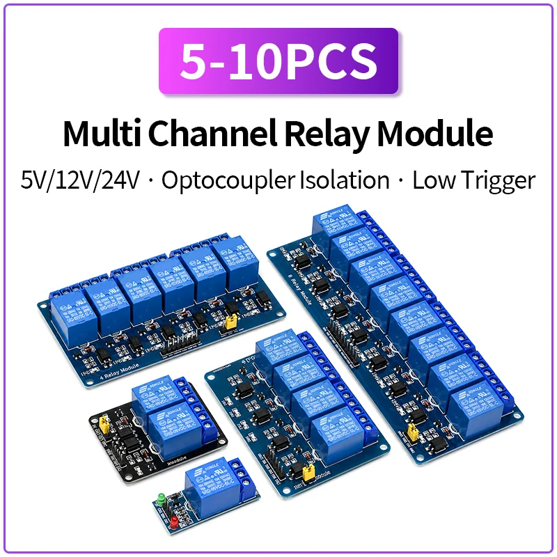 5PCS-10PCS Multi Channel Relay Control Board 1/2/4/6/8CH 5V 12V 24V Optical Isolation Low Level Trigger PCB Module